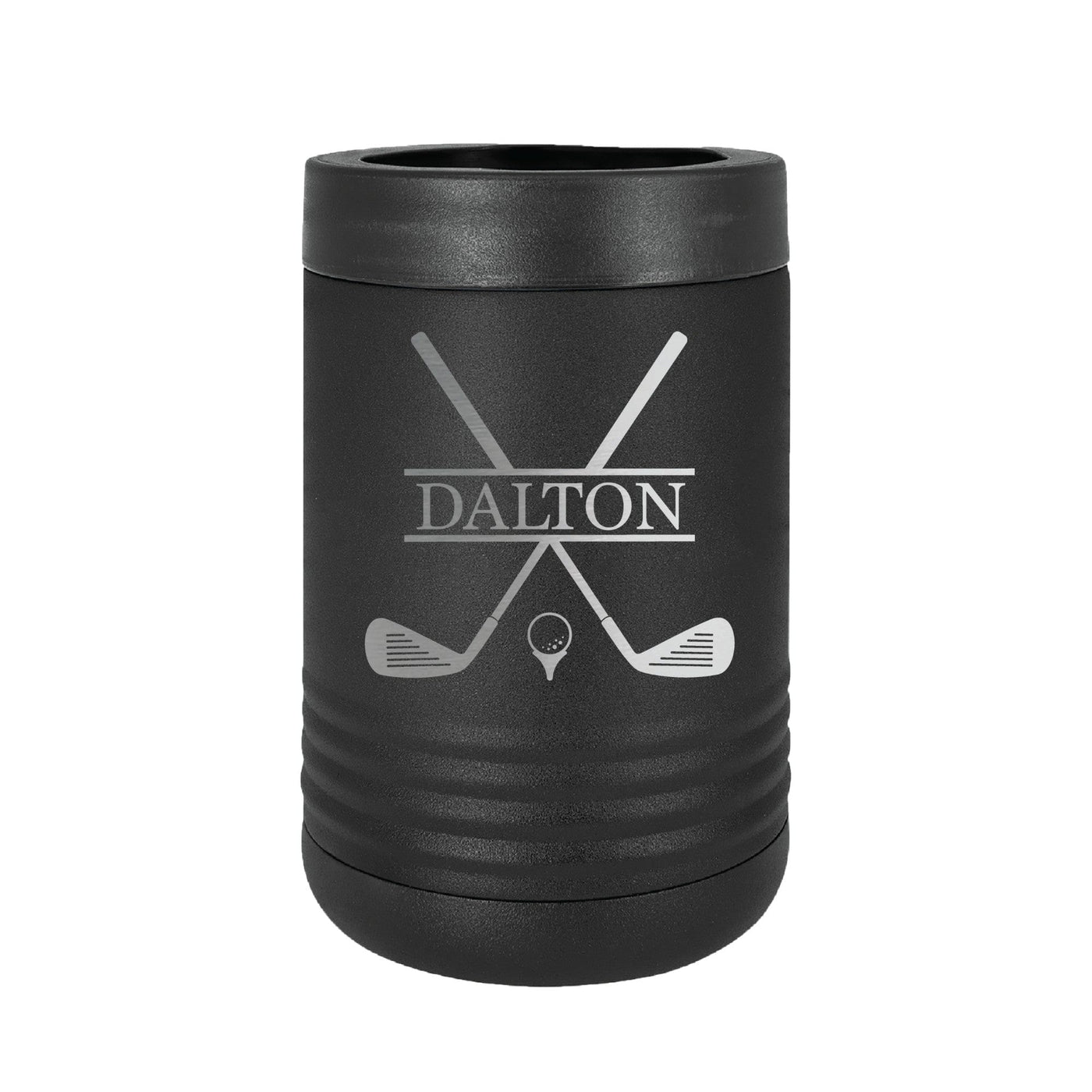 A black insulated can cooler featuring an engraved golf design with crossed clubs and a golf ball on a tee, revealing the silver metal beneath, perfect for keeping beverages cold.