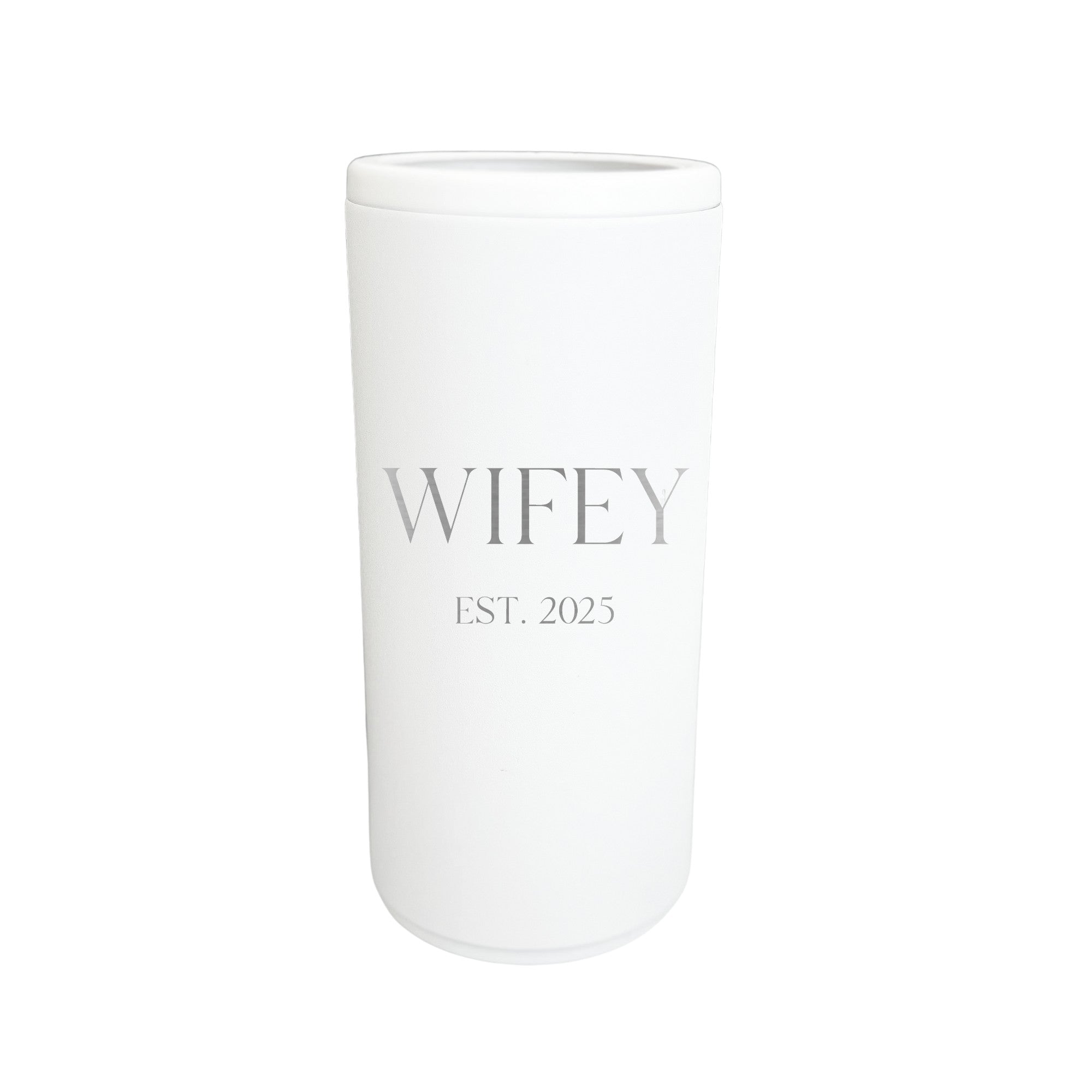 A sleek white insulated tumbler designed for keeping beverages cold, ideal for a wedding or bridal event.