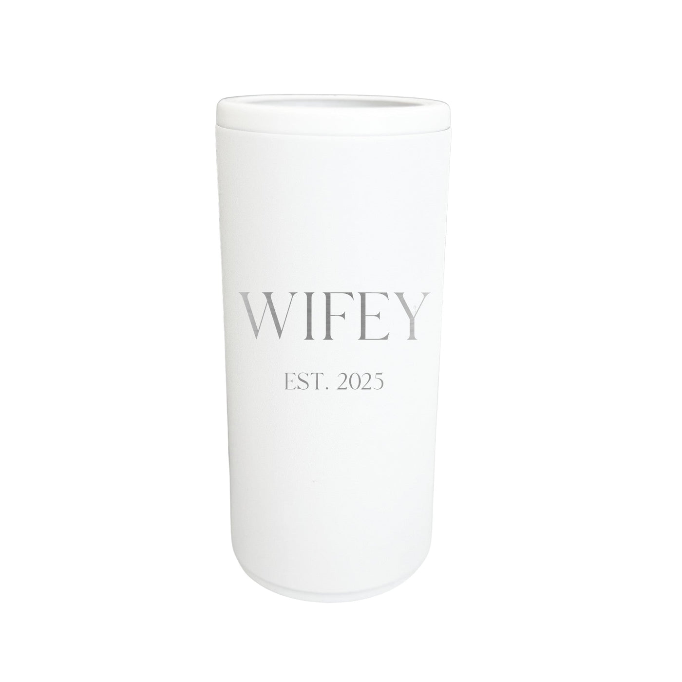 A sleek white insulated tumbler designed for keeping beverages cold, ideal for a wedding or bridal event.