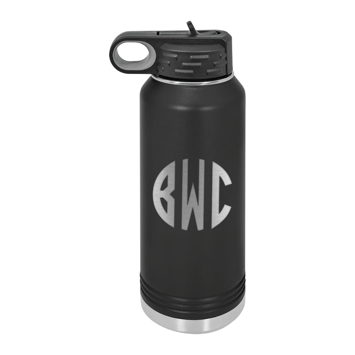 A sleek matte black insulated water bottle with a stainless steel base and a black flip-top straw lid, featuring an engraved circular design, perfect for wedding or event hydration.
