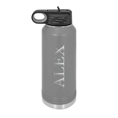 A gray insulated water bottle with a black flip-top lid and integrated carrying handle, featuring a metallic bottom trim and suitable for personalized event decor or gifts.