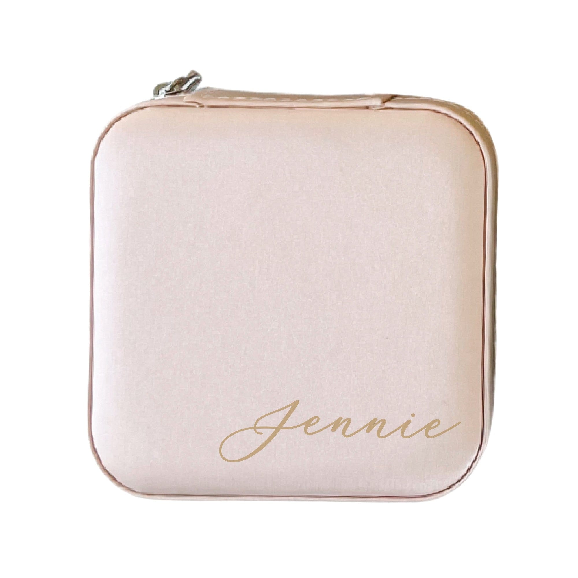 A compact, blush pink zippered jewelry case made from soft material, ideal for storing small accessories or as a wedding party gift.