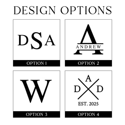 A black and white chart displays four distinct design options, showcasing various monogram and initial styles for personalized keychain bottle openers or similar event decor.