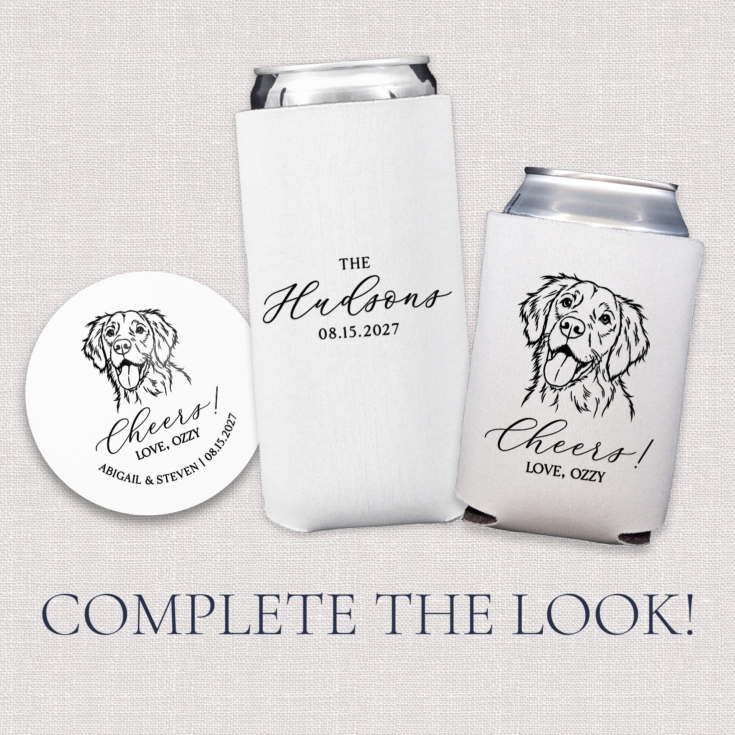 A collection of white custom neoprene can coolers and a round coaster, all printed with a black line art dog illustration and elegant text, designed as personalized favors for a wedding or special event.