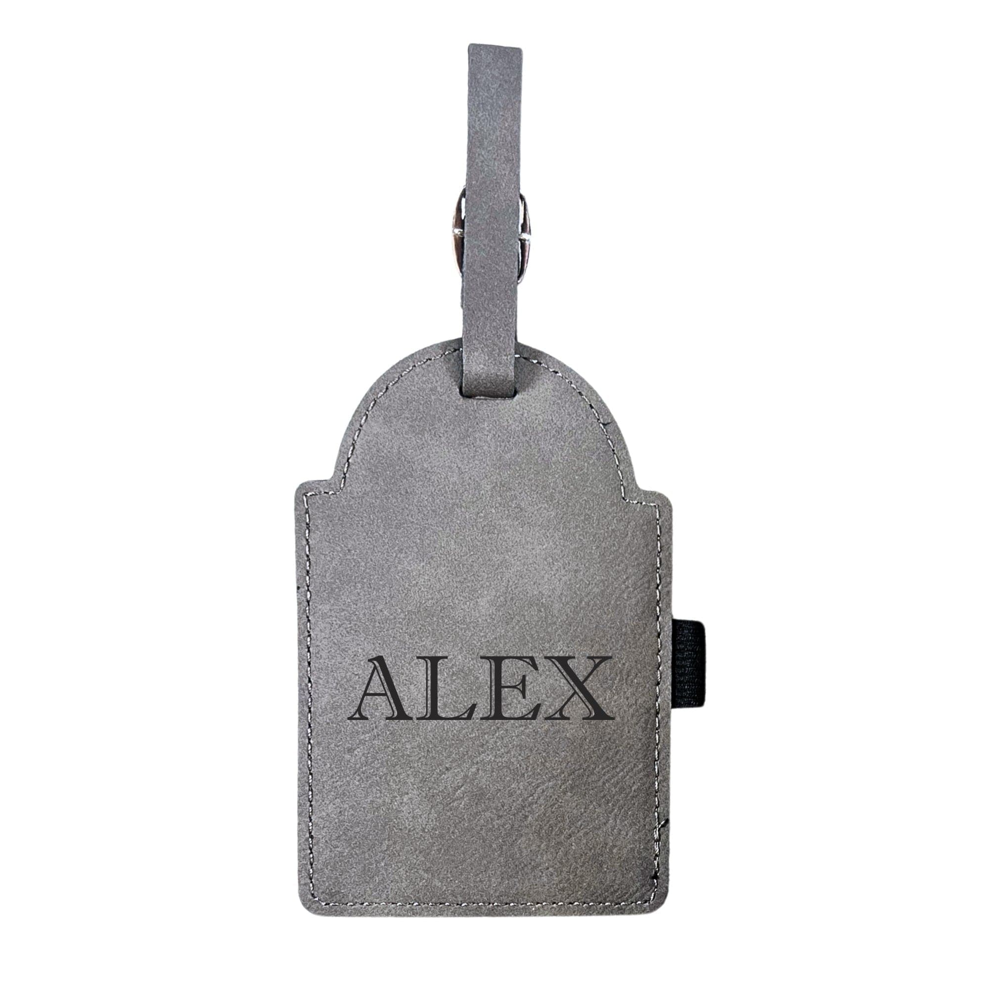 A gray faux leather luggage tag with stitched edges and a matching strap, designed for personalized identification of travel bags.