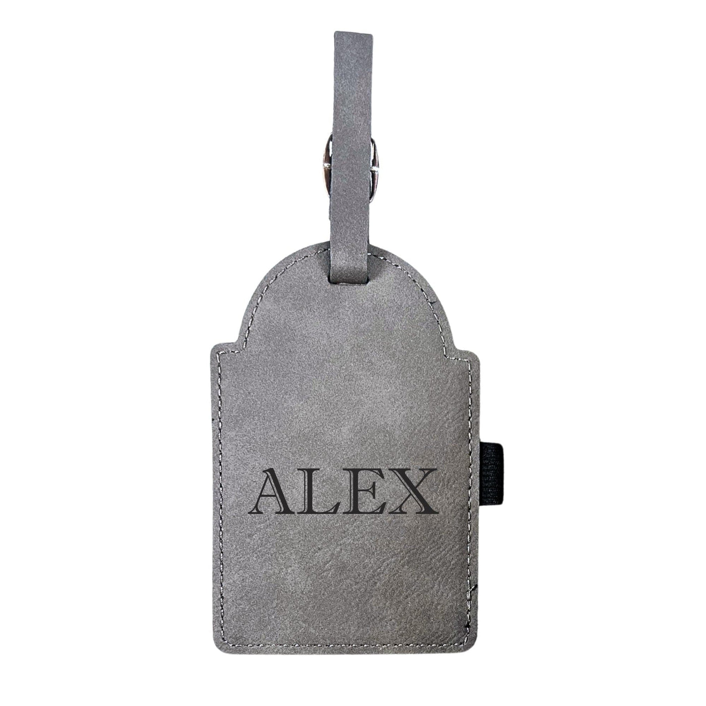 A gray faux leather luggage tag with stitched edges and a matching strap, designed for personalized identification of travel bags.