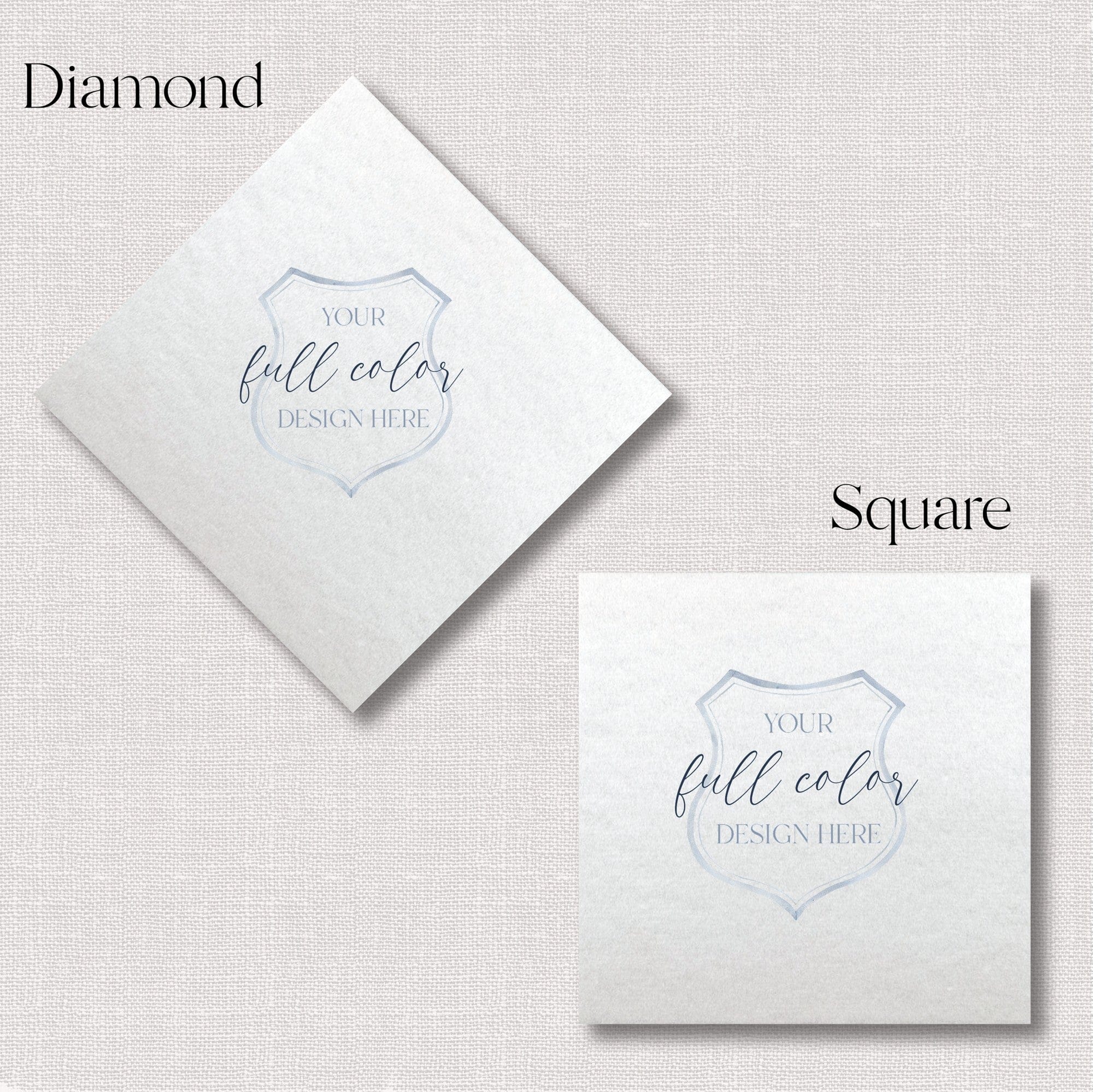 Two white textured paper items, one diamond-shaped and one square, are displayed as mockups for personalized full-color event printing.