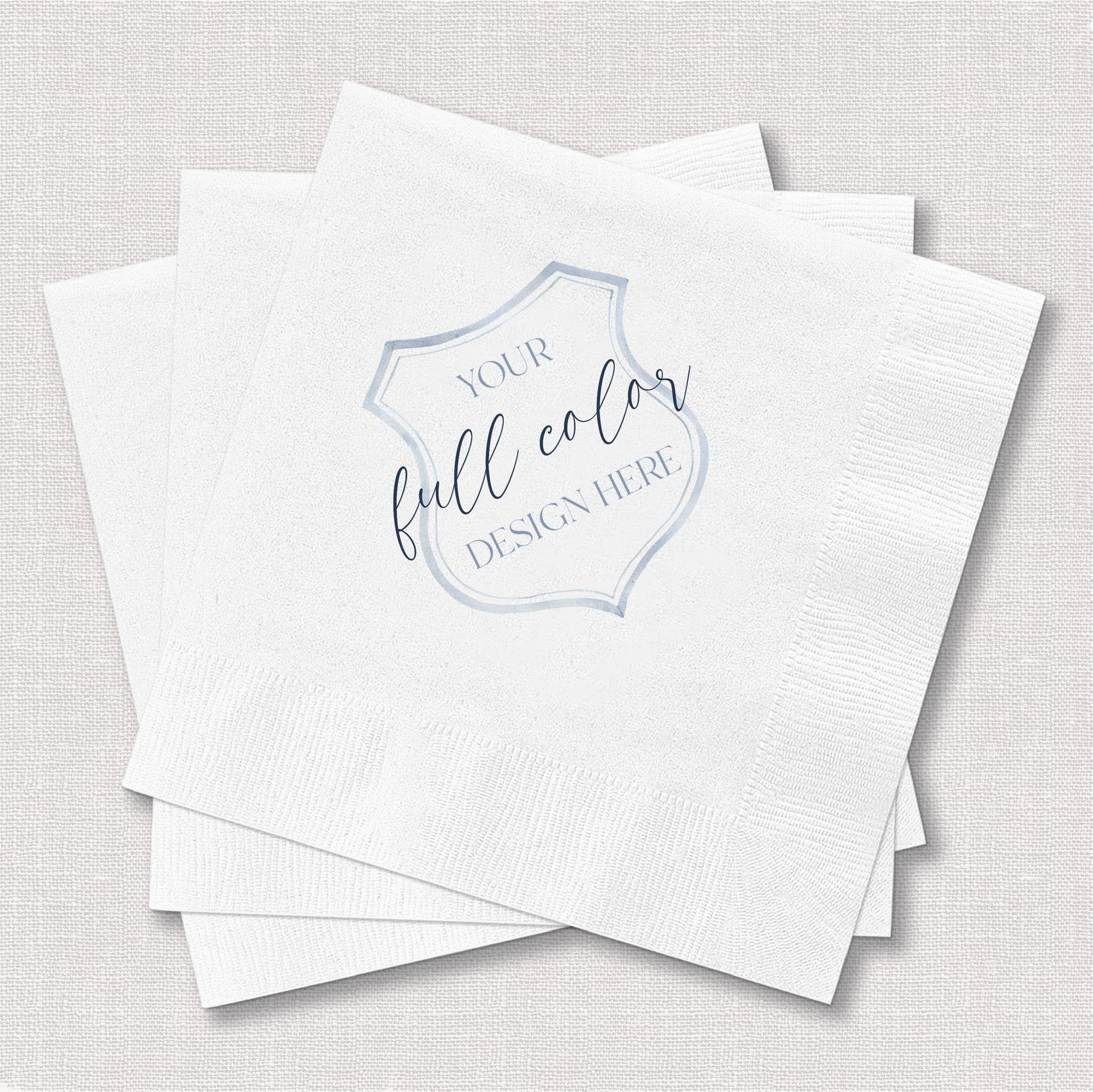 A stack of white, textured, 3-ply paper napkins, ready for a full-color personalized design for a wedding or special event.