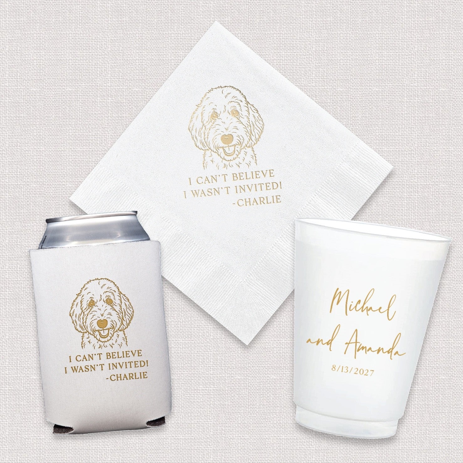 This personalized wedding or event decor bundle features a white insulated can cooler, a white paper beverage napkin, and a frosted white plastic cup, all customized with a gold metallic animal illustration and text for guest refreshments.