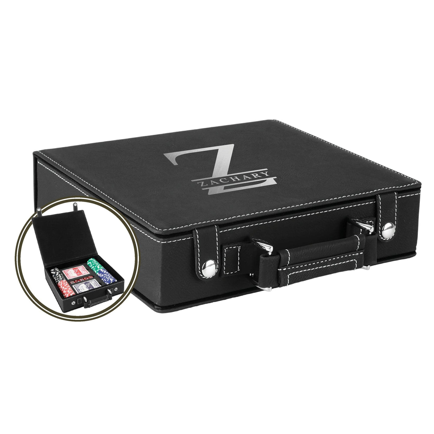 A black leatherette poker set case with white accent stitching and chrome hardware, featuring an interior filled with playing cards, multi-colored poker chips, and dice, serving as an elegant gift for game enthusiasts.