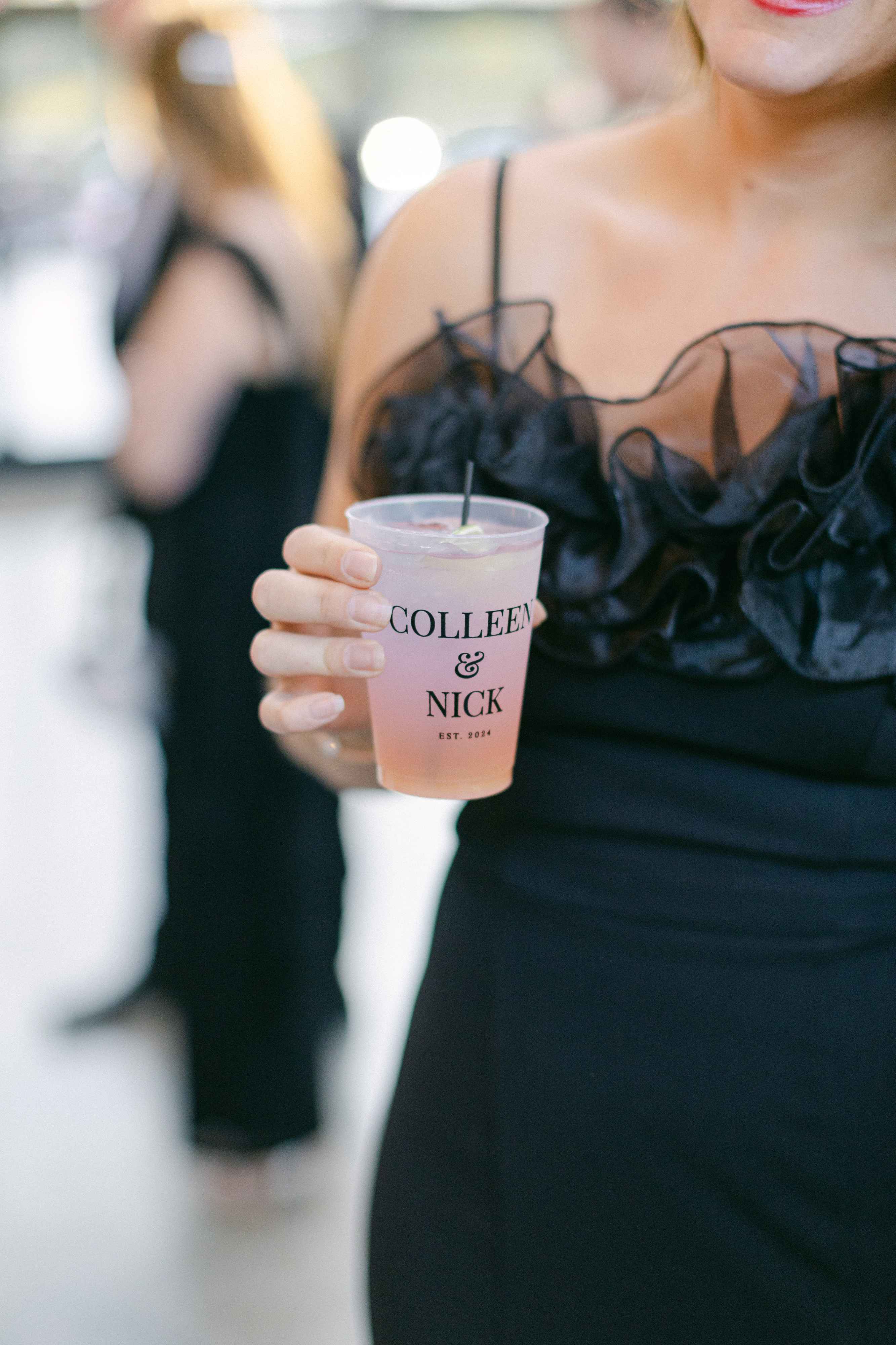 Personalized cocktail hour wedding setup featuring custom frosted cups and napkins — Rubi and Lib Design Studio