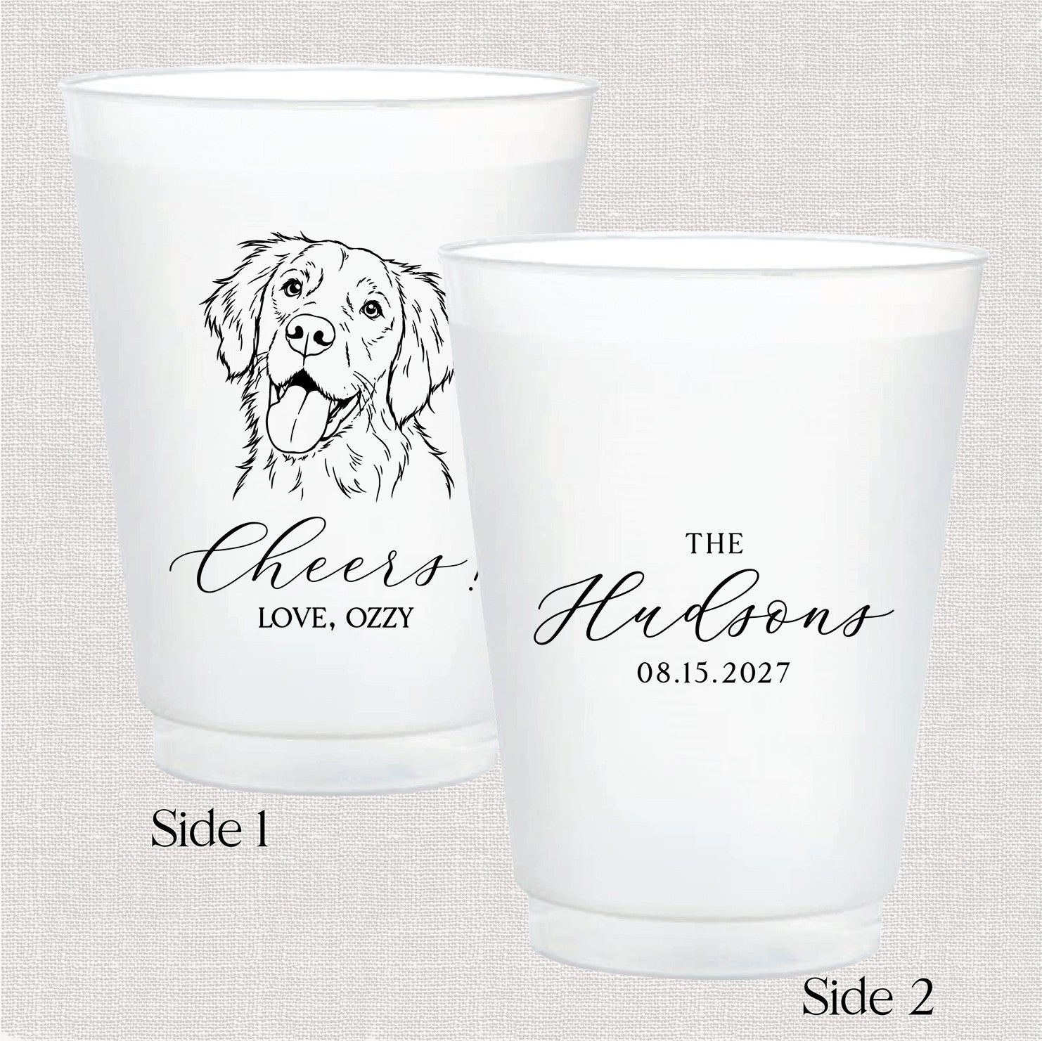 Frosted white shatterproof plastic cups featuring a custom line art dog illustration on one side and elegant script text on the other, ideal for personalized event drinkware.