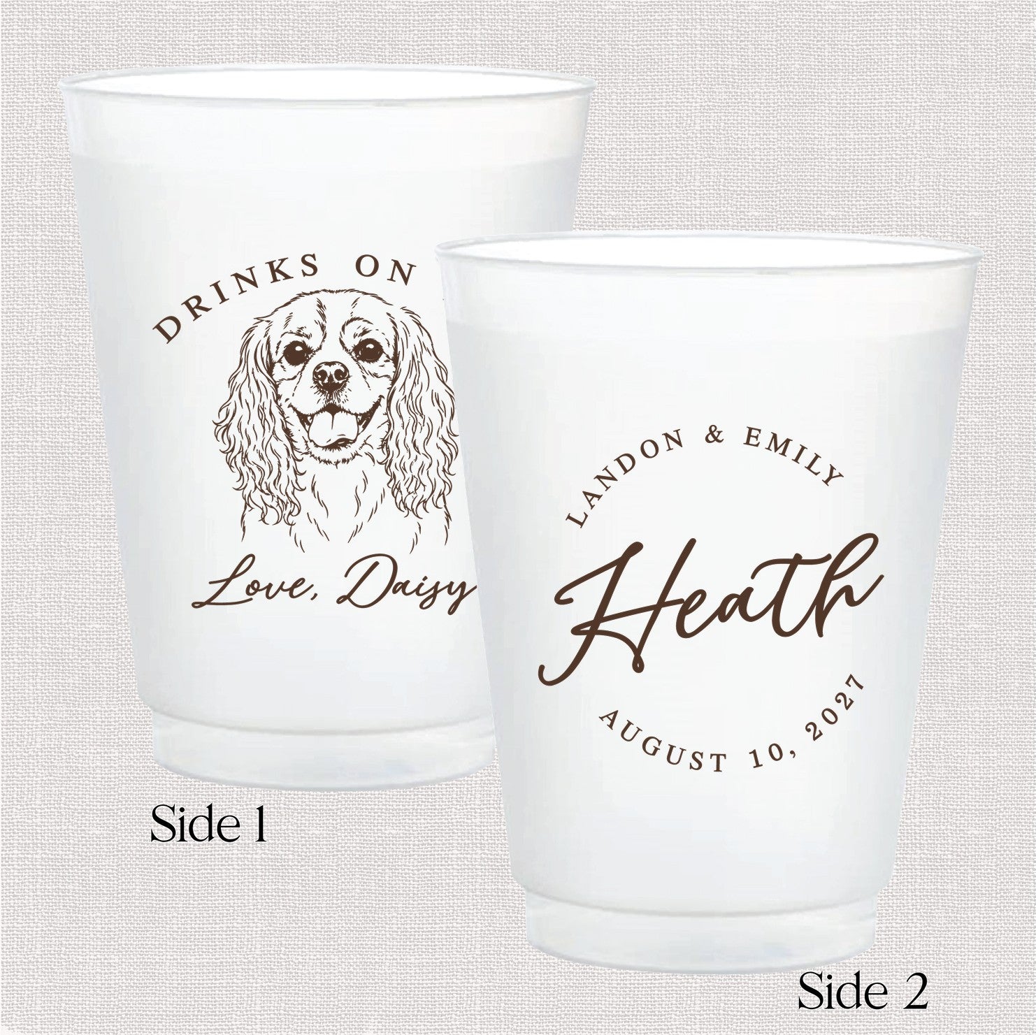 Two personalized shatterproof plastic cups are displayed, one featuring a charming dog illustration and the other adorned with elegant custom text for a wedding or special event.