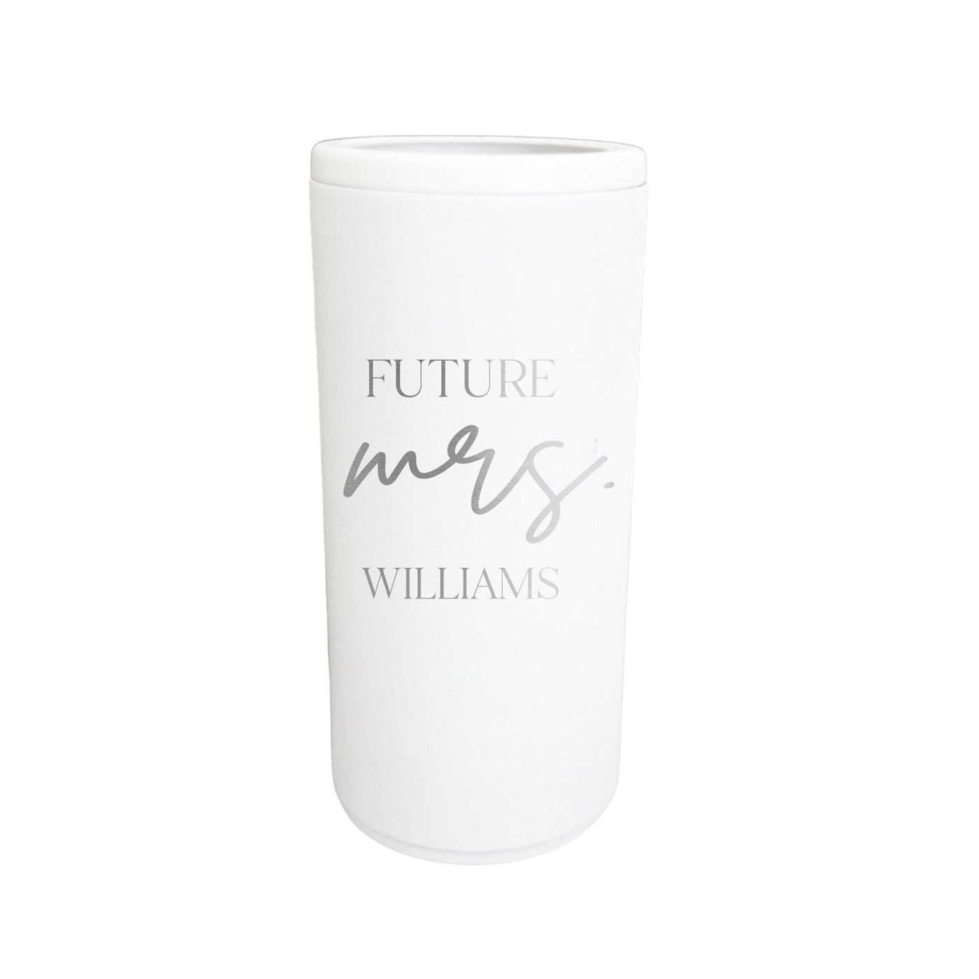 A sleek white insulated skinny can cooler with elegant silver text, perfect for holding a beverage for a future bride at a pre-wedding celebration.