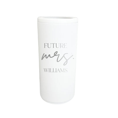 A sleek white insulated skinny can cooler with elegant silver text, perfect for holding a beverage for a future bride at a pre-wedding celebration.