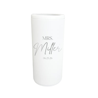 A white personalized insulated skinny tumbler with elegant silver text, perfect for keeping drinks cool at a bridal event.