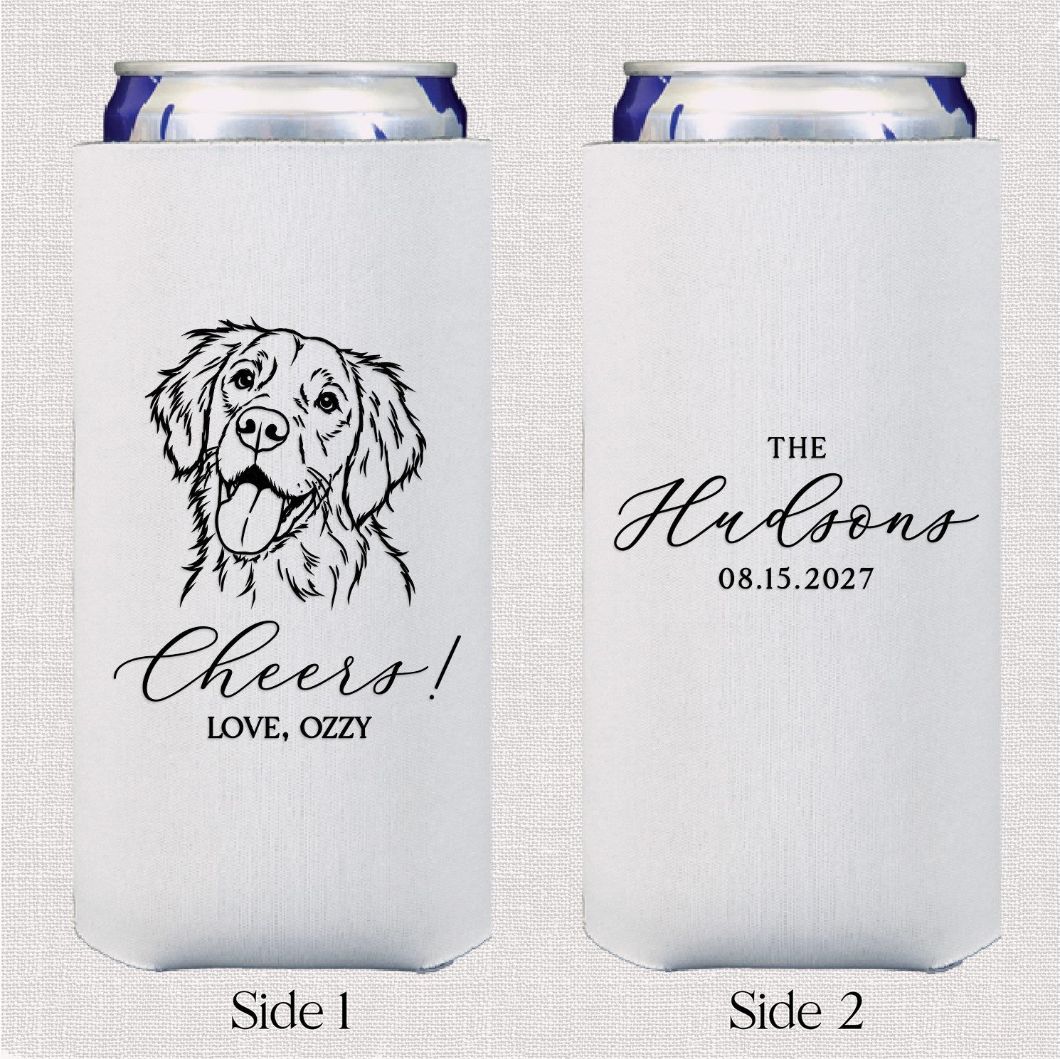 A white fabric slim can cooler for a wedding or event, featuring a black outline illustration of a dog on one side.