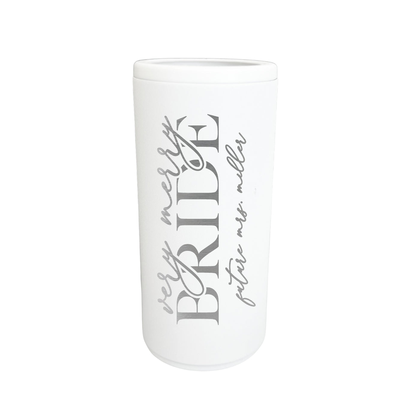 A white insulated slim can cooler with gray decorative text, ideal for keeping beverages cold during a wedding event or bridal shower.
