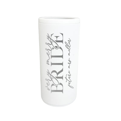 A white insulated slim can cooler with gray decorative text, ideal for keeping beverages cold during a wedding event or bridal shower.
