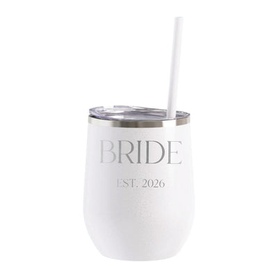 A white glittery stemless stainless steel tumbler with a clear plastic lid and a white straw, suitable for a wedding or bridal shower.