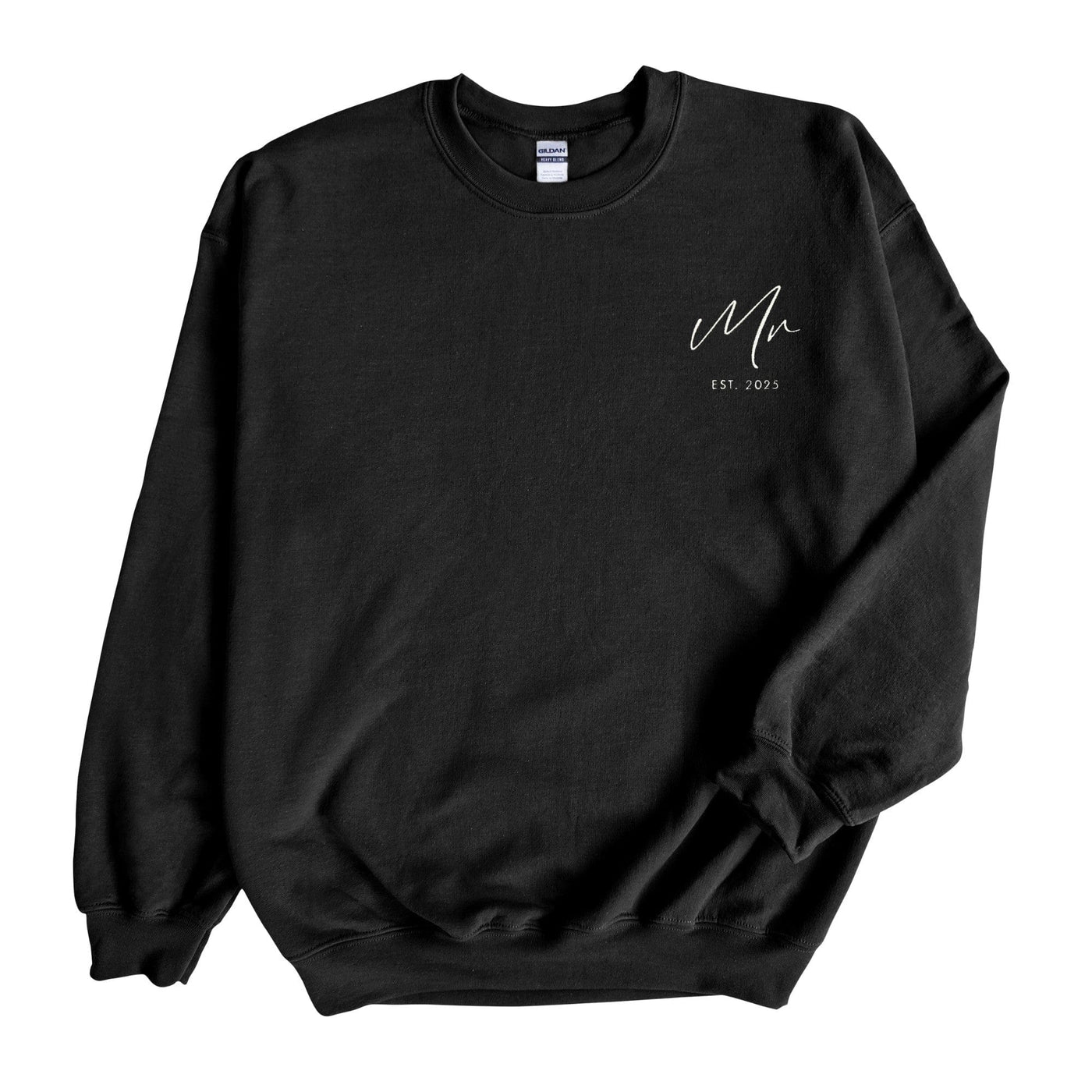 A black crewneck sweatshirt featuring a white embroidered design, perfect for wedding or bridal party attire.