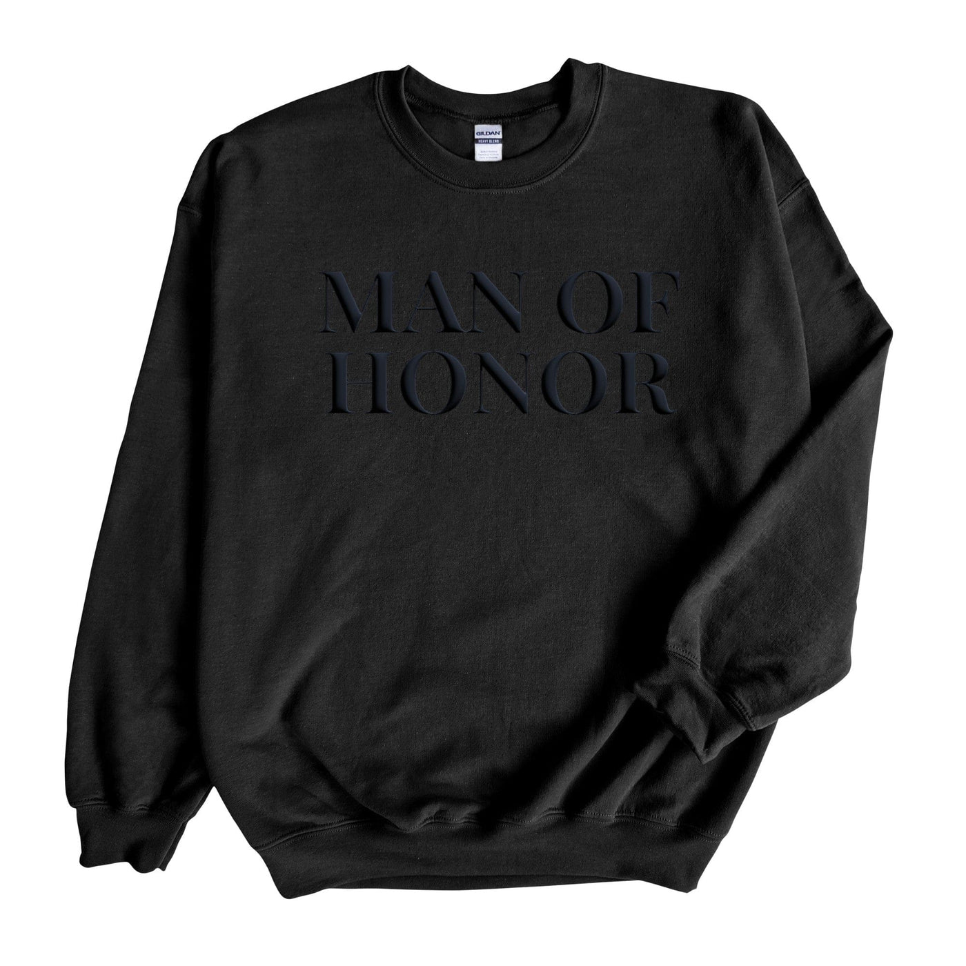A comfortable black crewneck sweatshirt features a subtle dark, raised design on the chest, perfect for a wedding party member.