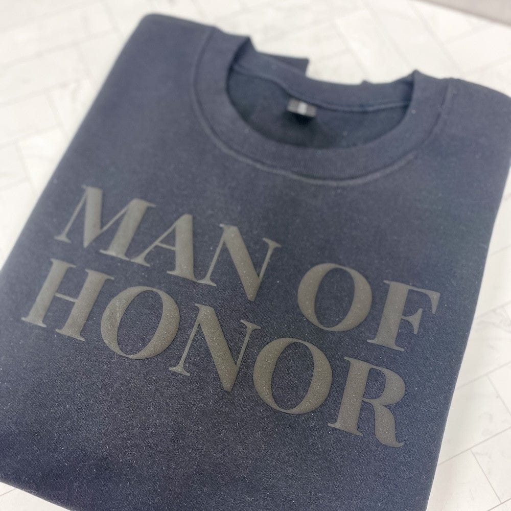 A dark gray crewneck sweatshirt featuring a subtle dark gray textured design on the front, suitable for a wedding event.
