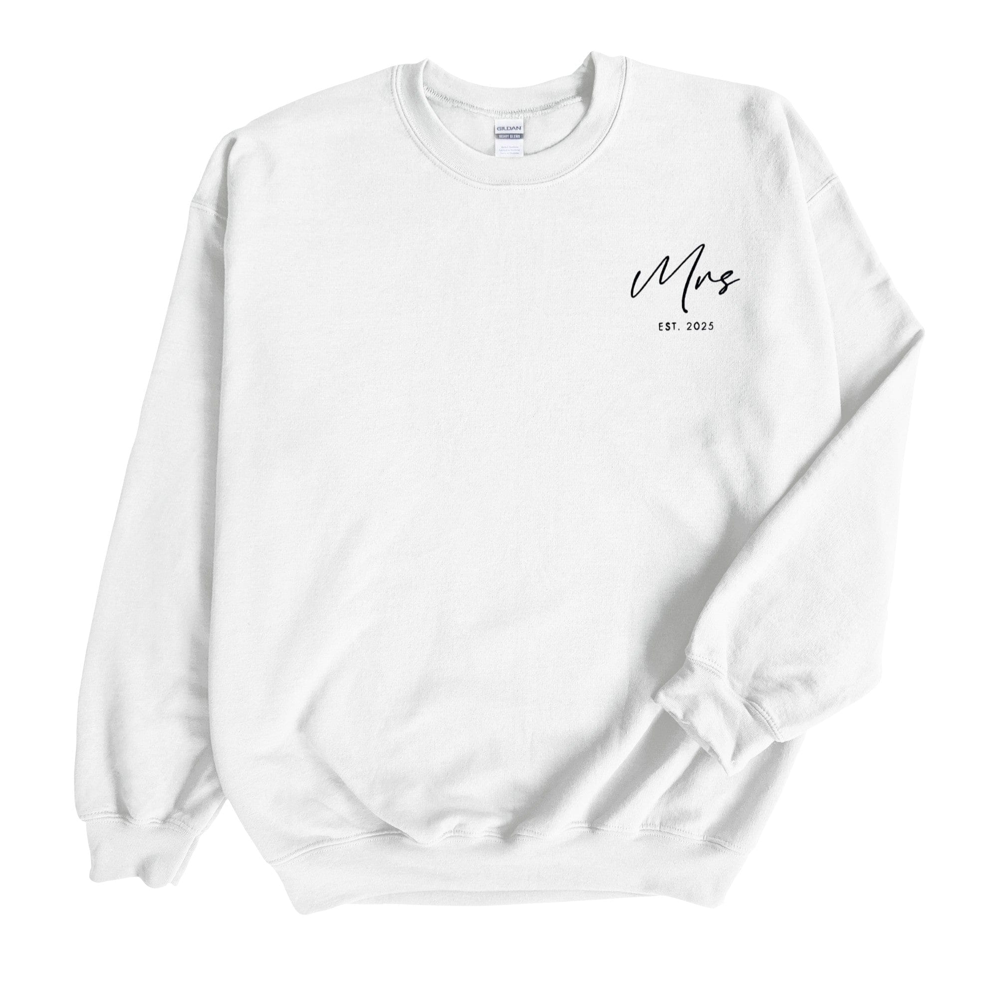 A white crewneck sweatshirt features a black cursive script design, ideal for pre-wedding events or celebrating a new marital status.
