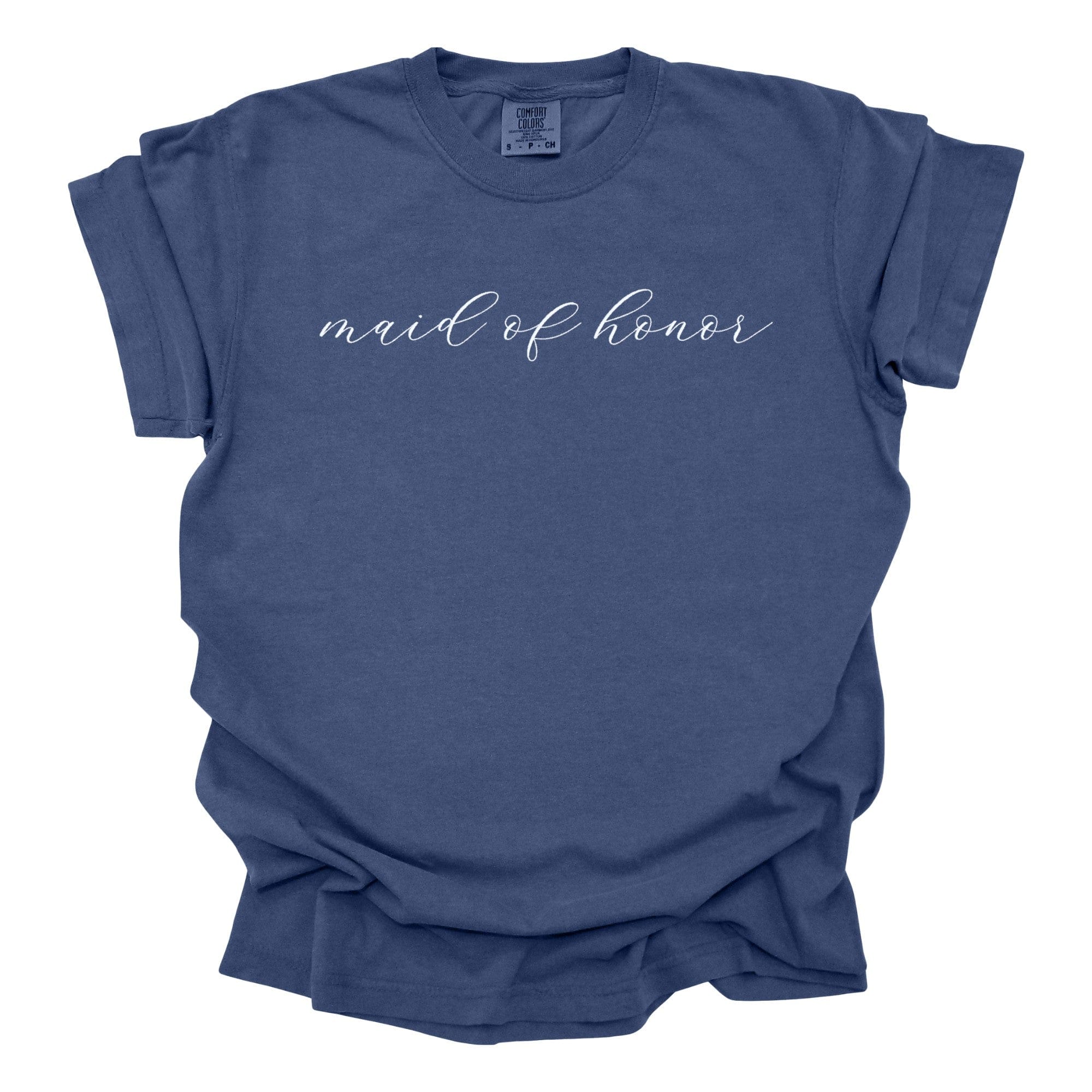 A soft, comfortable blue short-sleeve crew neck t-shirt, ideal for a wedding party celebration.
