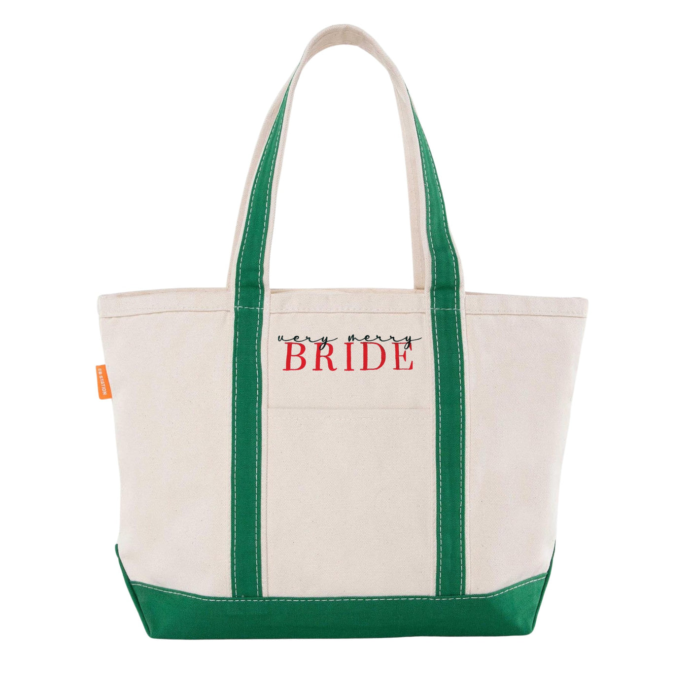 A sturdy natural canvas tote bag featuring festive forest green accents on the handles and a reinforced bottom, suitable for a holiday-themed wedding or bridal celebration.