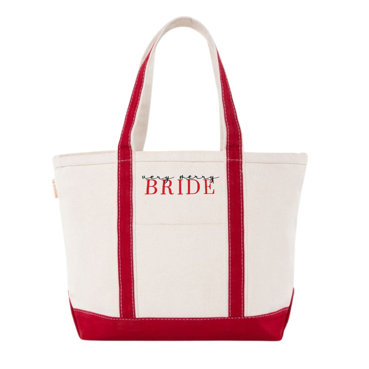 A cream canvas tote bag with red handles, base, and trim, suitable for a bridal event or celebration.