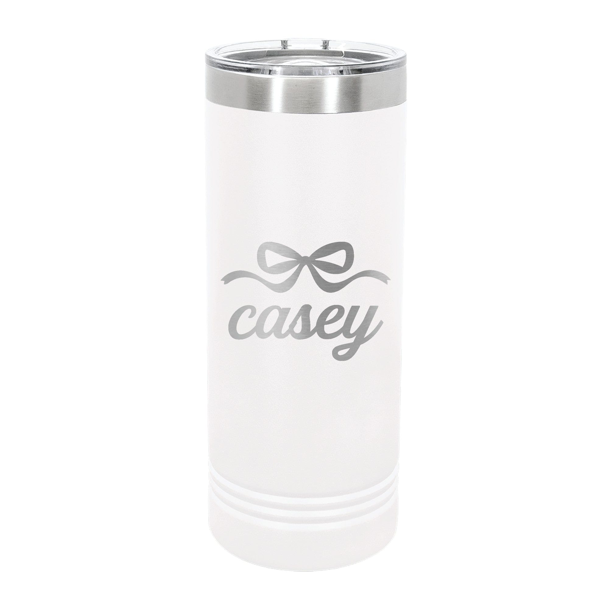 A tall, white insulated tumbler with a silver metal rim and clear plastic lid, featuring a silver etched bow design, ideal for a wedding or bridal shower.