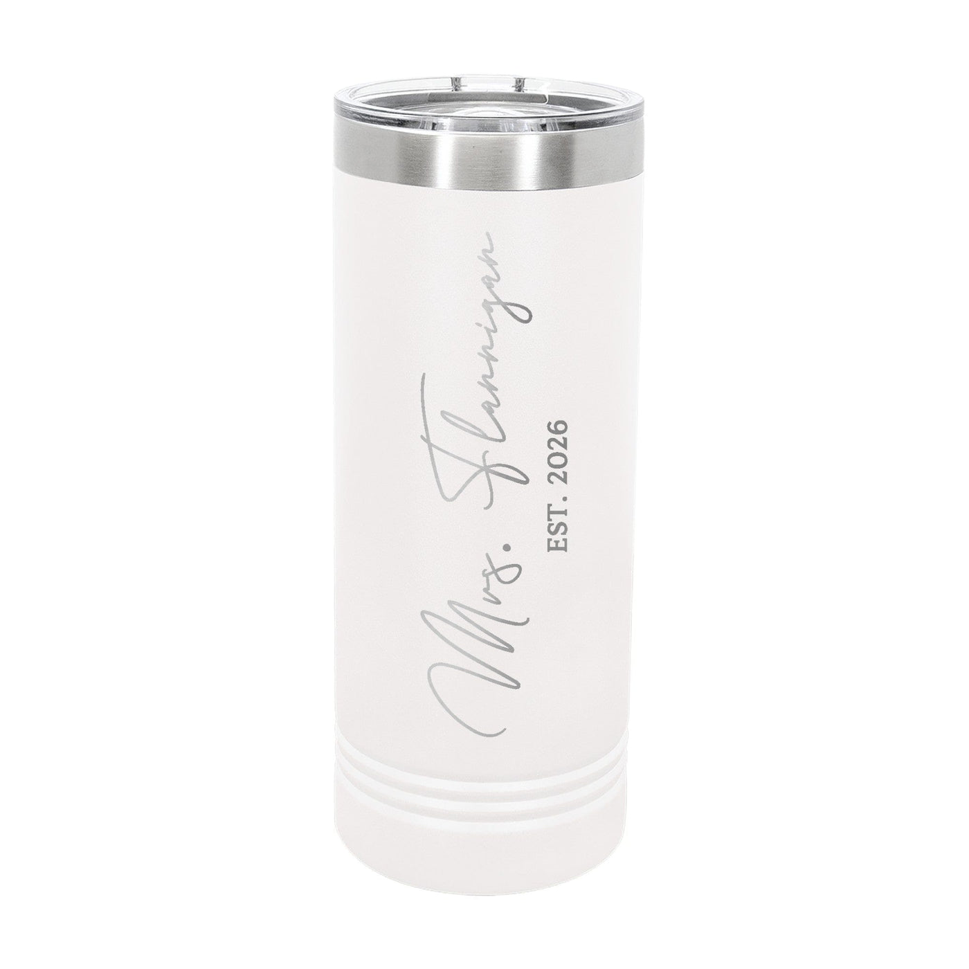 A personalized white slender stainless steel tumbler featuring a silver rim and a clear plastic lid, suitable for wedding or bridal events.