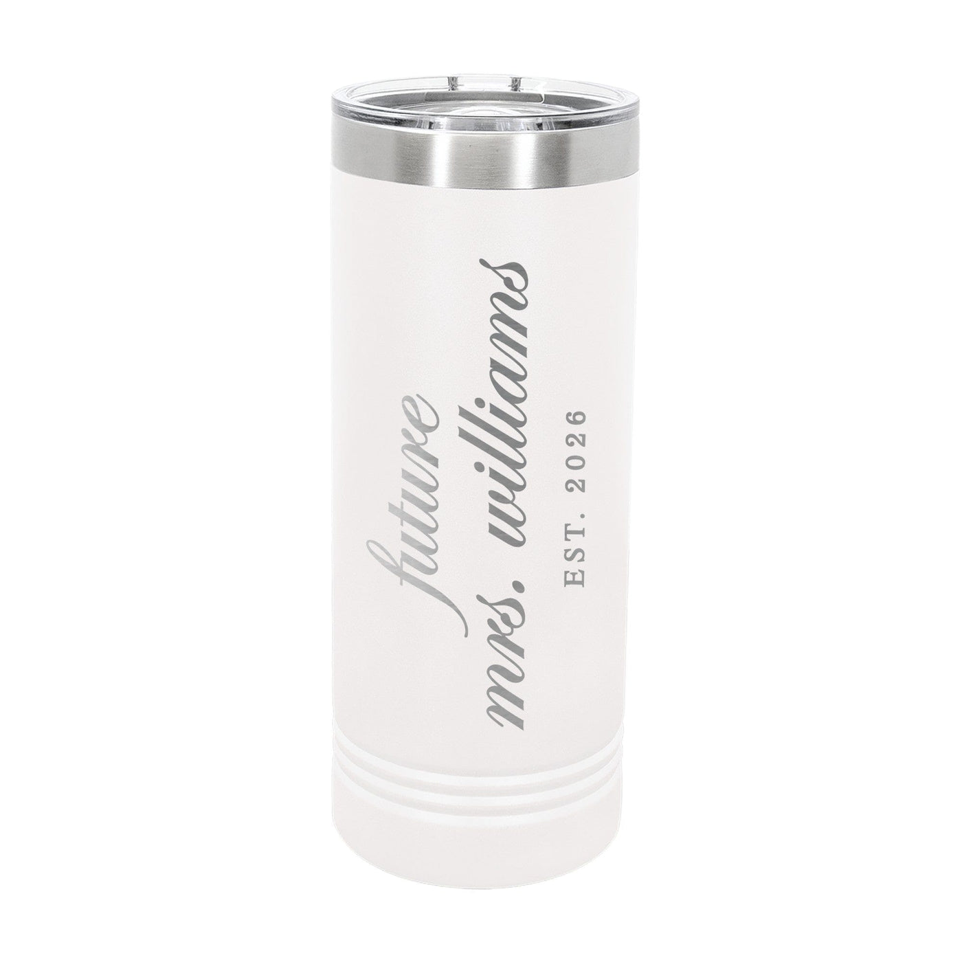 A sleek, tall white insulated tumbler with a stainless steel rim and clear lid, designed for a bridal context.