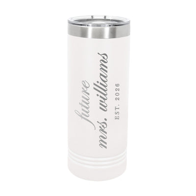A sleek, tall white insulated tumbler with a stainless steel rim and clear lid, designed for a bridal context.