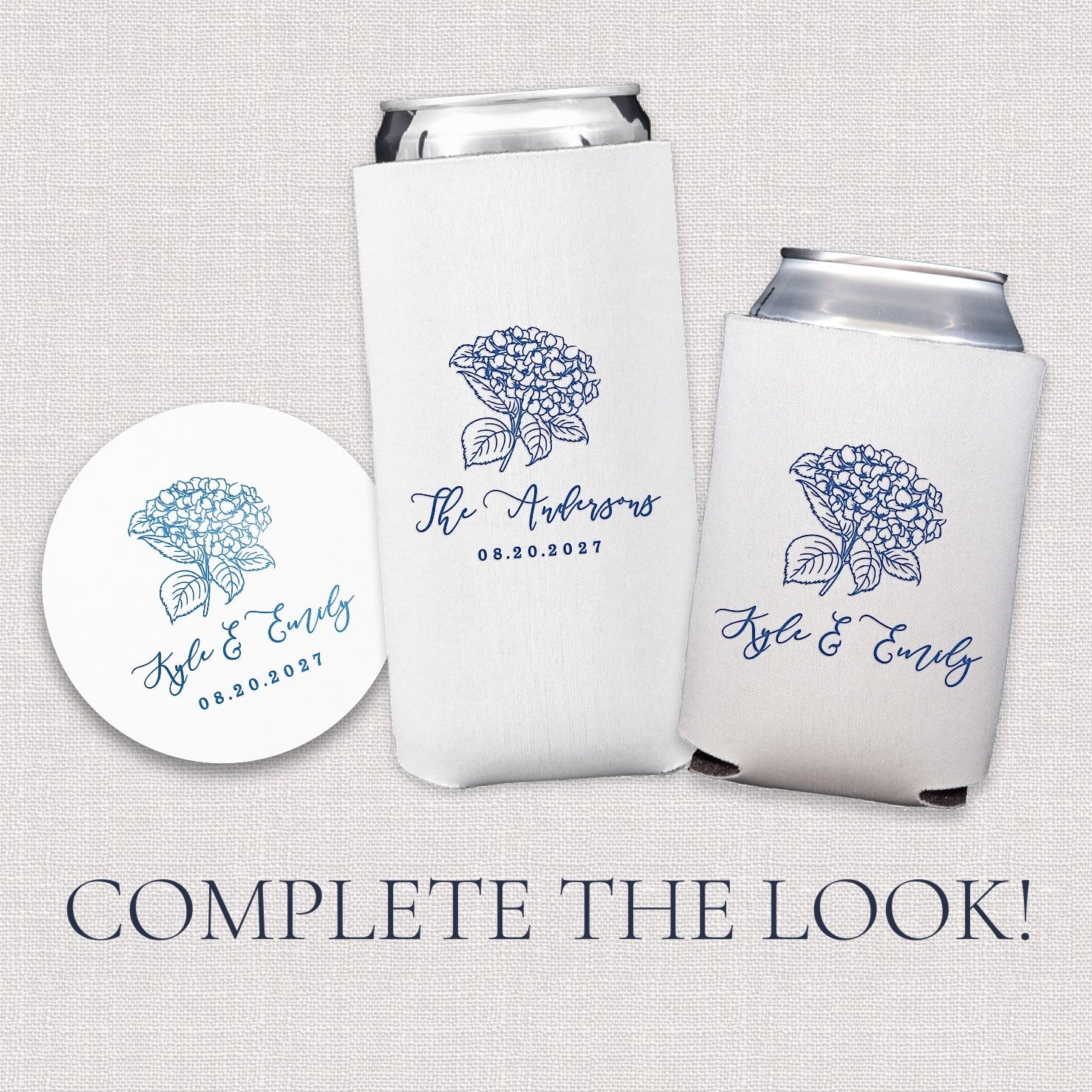A round white paper coaster and two white neoprene can coolers, all customized with a blue outline hydrangea floral design, displayed as coordinated wedding or event favors.
