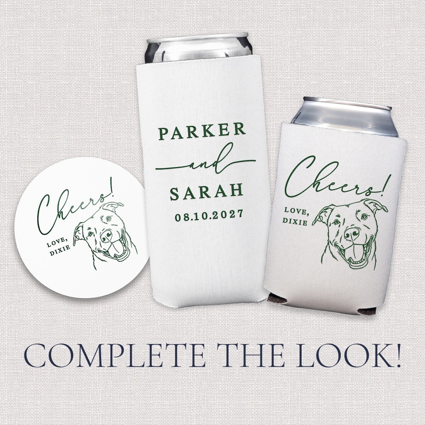 A collection of personalized white fabric can coolers and a round paper coaster, each featuring green illustrative designs and text, suitable for a wedding or celebratory event.