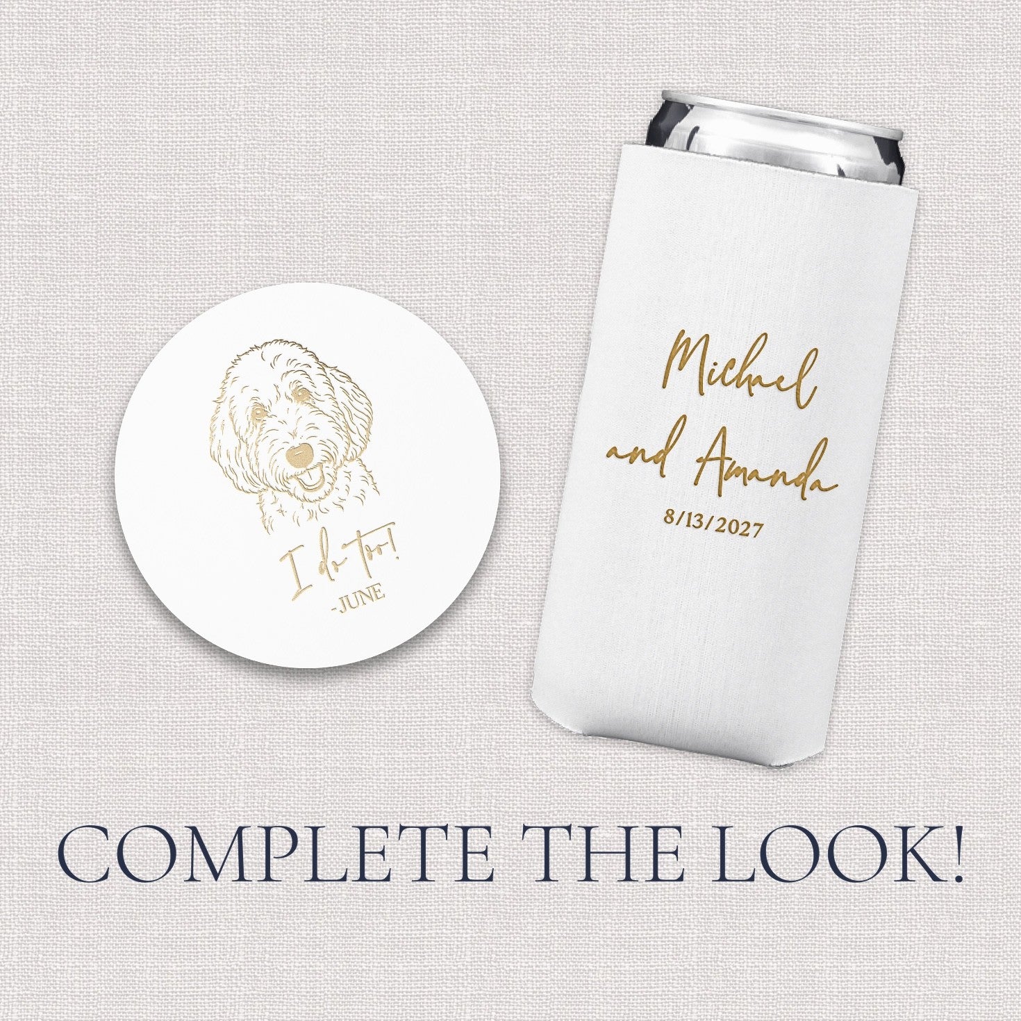 A set of personalized wedding or event favors including a round white coaster with a gold pet illustration and a white fabric can cooler with elegant gold script text, designed to complement celebrations.