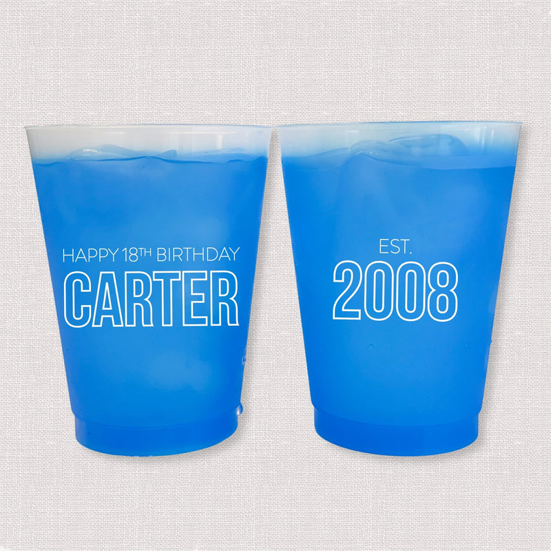 Blue color changing frosted birthday cups with Happy 18th Birthday Carter and Est. 2008 design