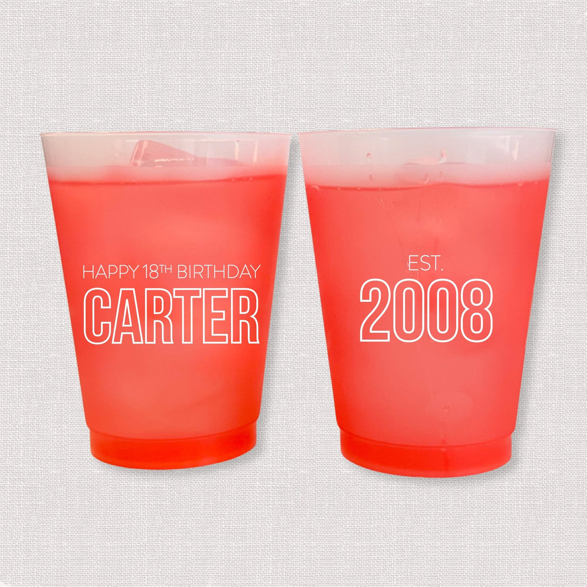 Red color changing frosted birthday cups with Happy 18th Birthday Carter and Est. 2008 design