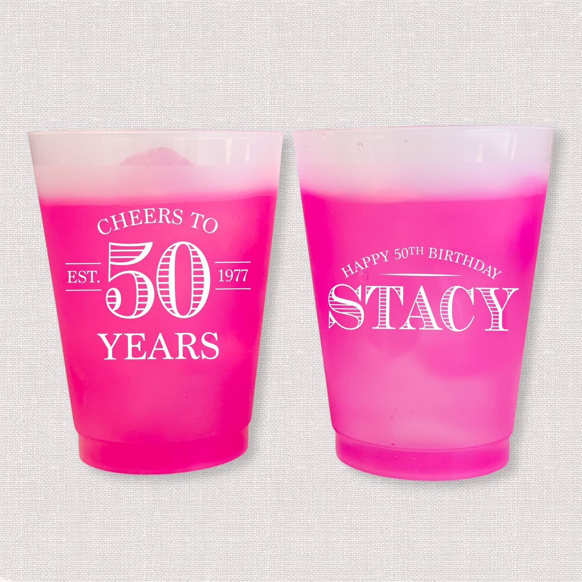 Magenta color changing frosted birthday cups with vintage Cheers to 50 Years design and Happy 50th Birthday name