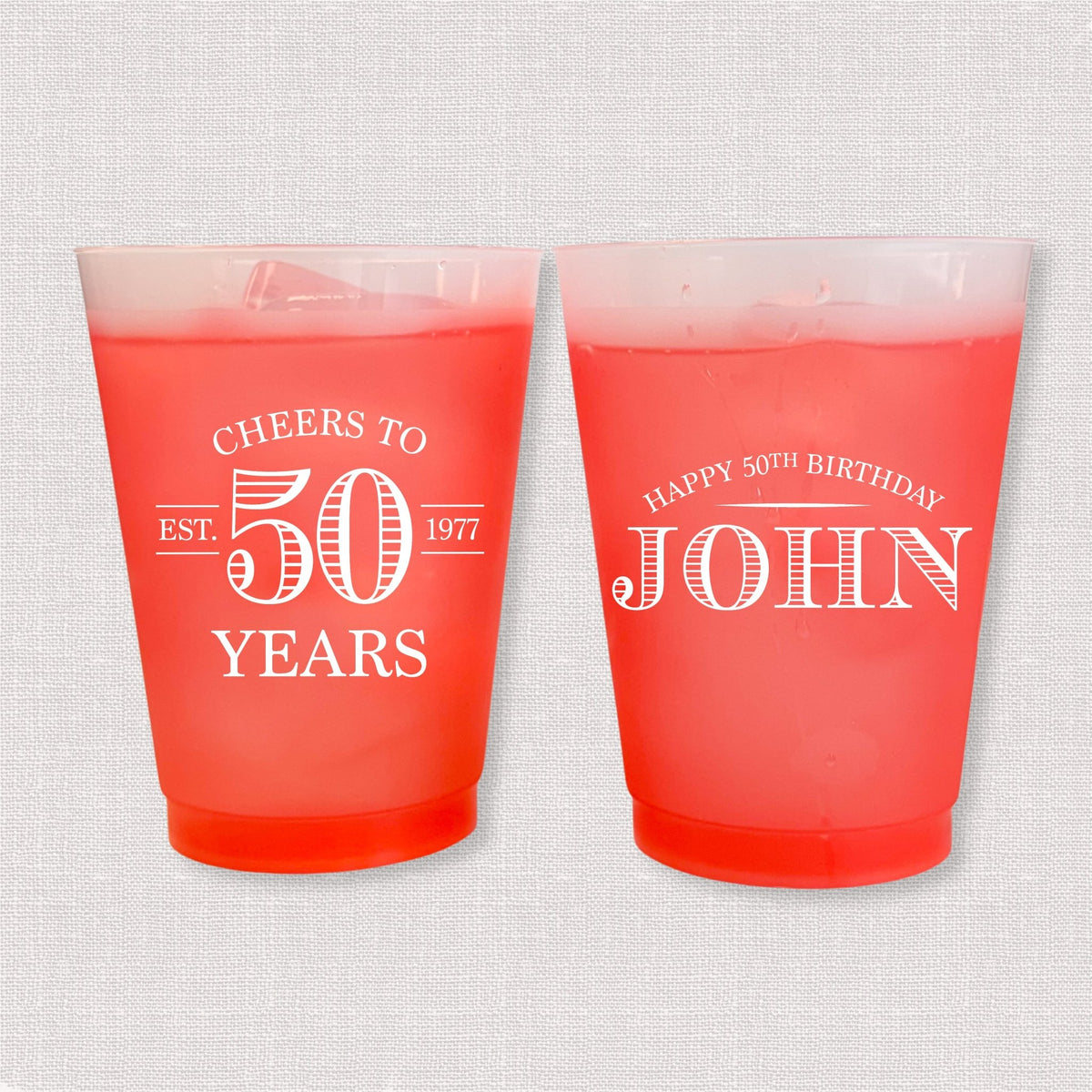 Red color changing frosted birthday cups with vintage Cheers to 50 Years design and Happy 50th Birthday name