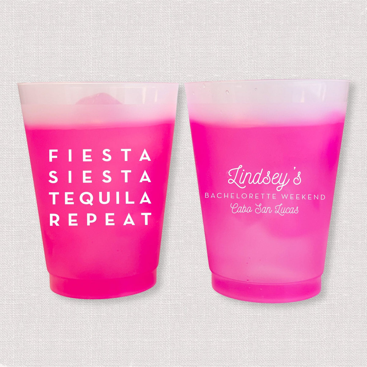 Magenta color changing frosted bachelorette cups with Fiesta Siesta Tequila Repeat and Lindsey's bachelorette weekend