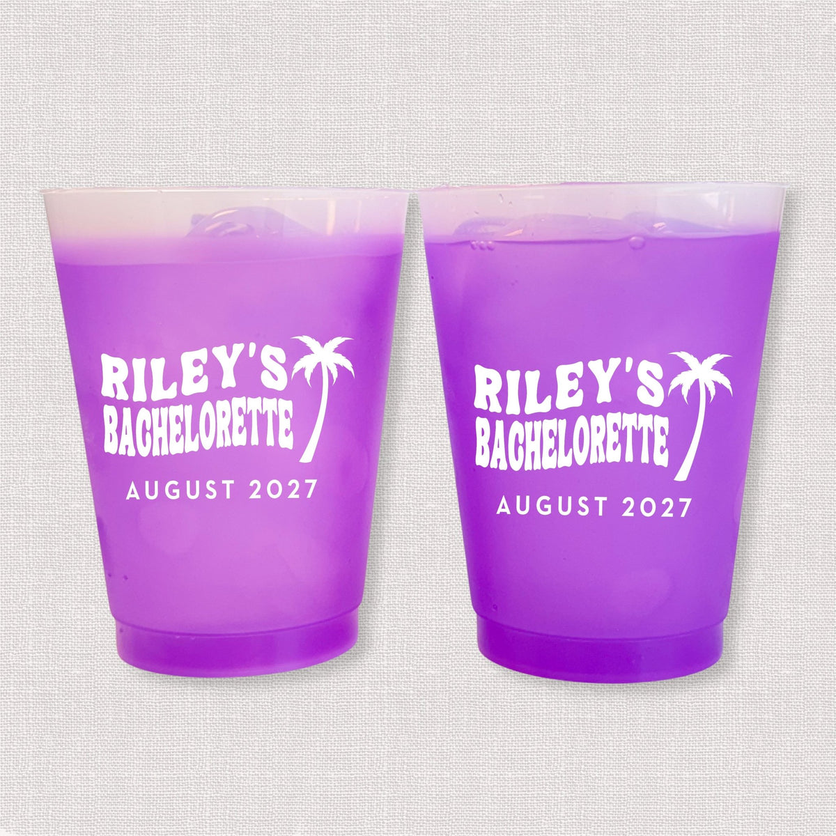 Purple color changing frosted bachelorette cups with palm tree and Riley's Bachelorette August 2027