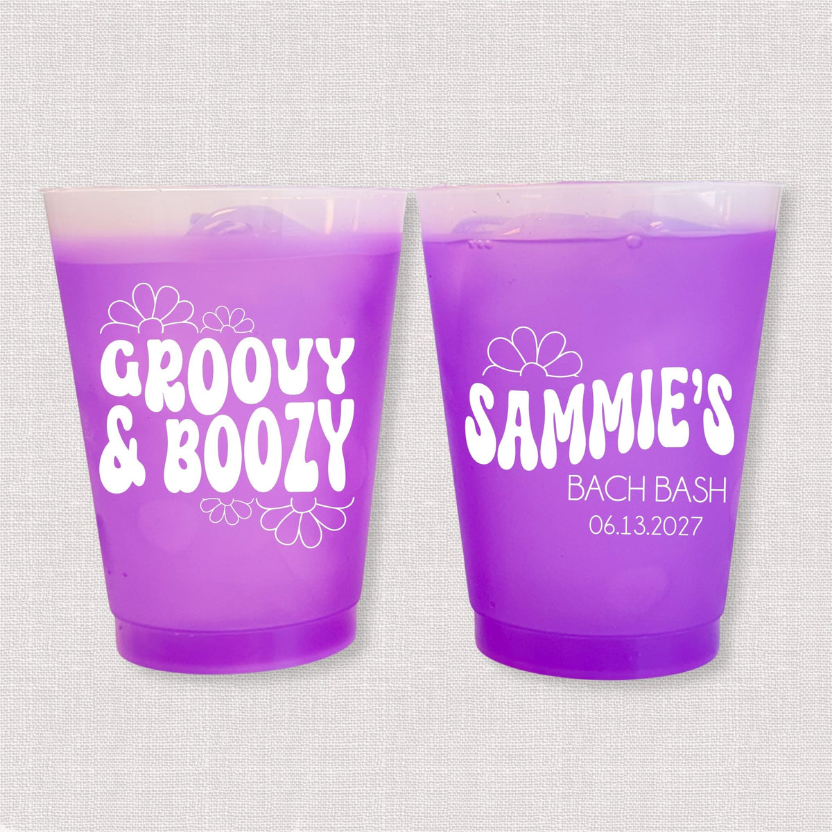 Purple color changing frosted bachelorette cups with Groovy & Boozy retro design and Sammie's Bach Bash