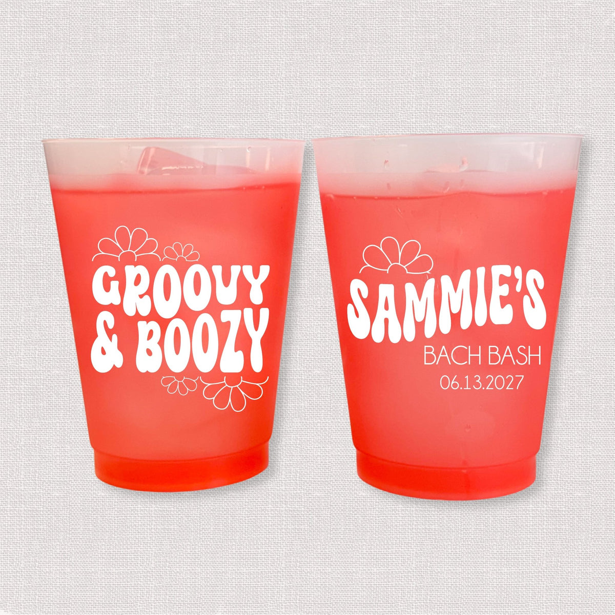 Red color changing frosted bachelorette cups with Groovy & Boozy retro design and Sammie's Bach Bash