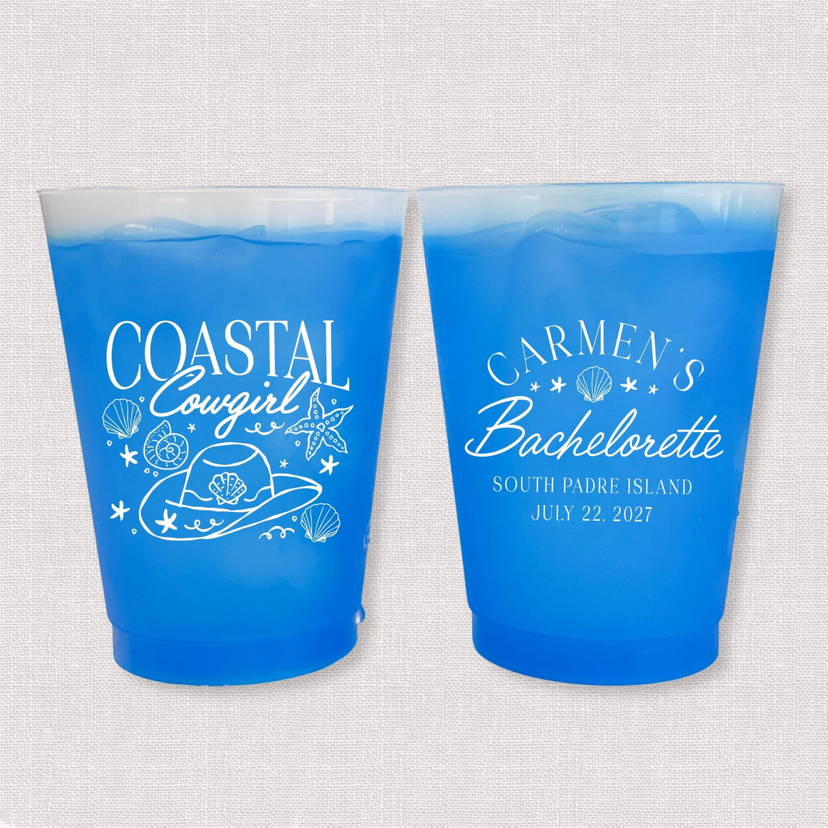 Blue color changing frosted bachelorette cups with Coastal Cowgirl hat and seashells and Carmen's Bachelorette