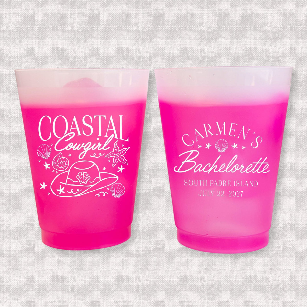 Magenta color changing frosted bachelorette cups with Coastal Cowgirl hat and seashells and Carmen's Bachelorette