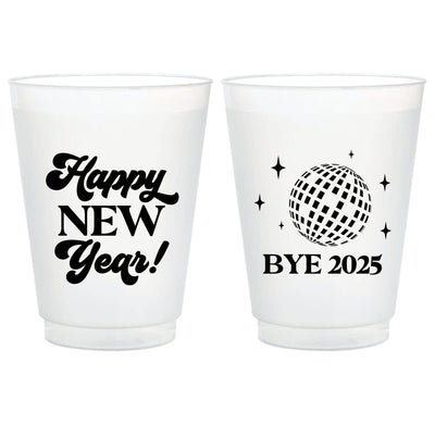A pair of frosted plastic cups featuring a festive New Year's greeting and a disco ball design, perfect for event celebrations.