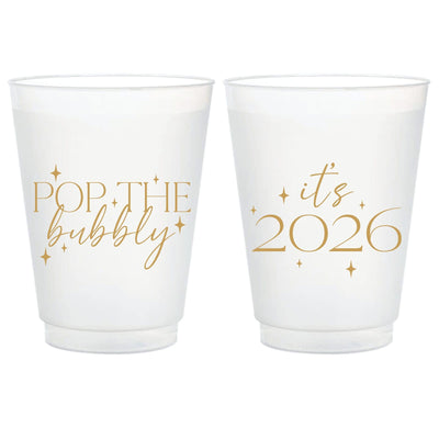 A set of personalized frosted translucent plastic party cups featuring metallic gold celebratory designs for a New Year's Eve event.